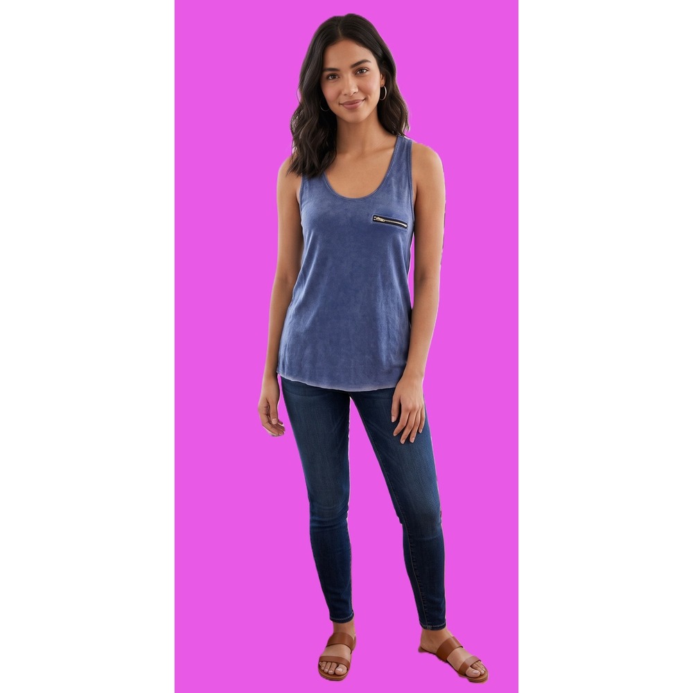 POL Blue Mineral Acid Wash Tank Top Gold Zipper Racerback Raw Hem Boho Womens M